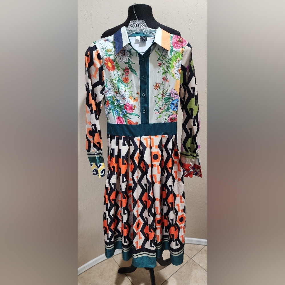 Lai Meng Five Cats Floral Collar button L/S Dress 2 NWOT